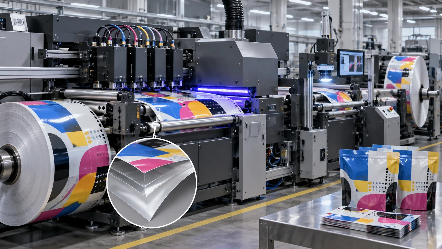 Industrial roll-fed inkjet press prints a colorful flexible-packaging web under a violet curing light, with a large supply roll, inspection camera and monitor, finished pouches, and a circular inset showing layered film material.