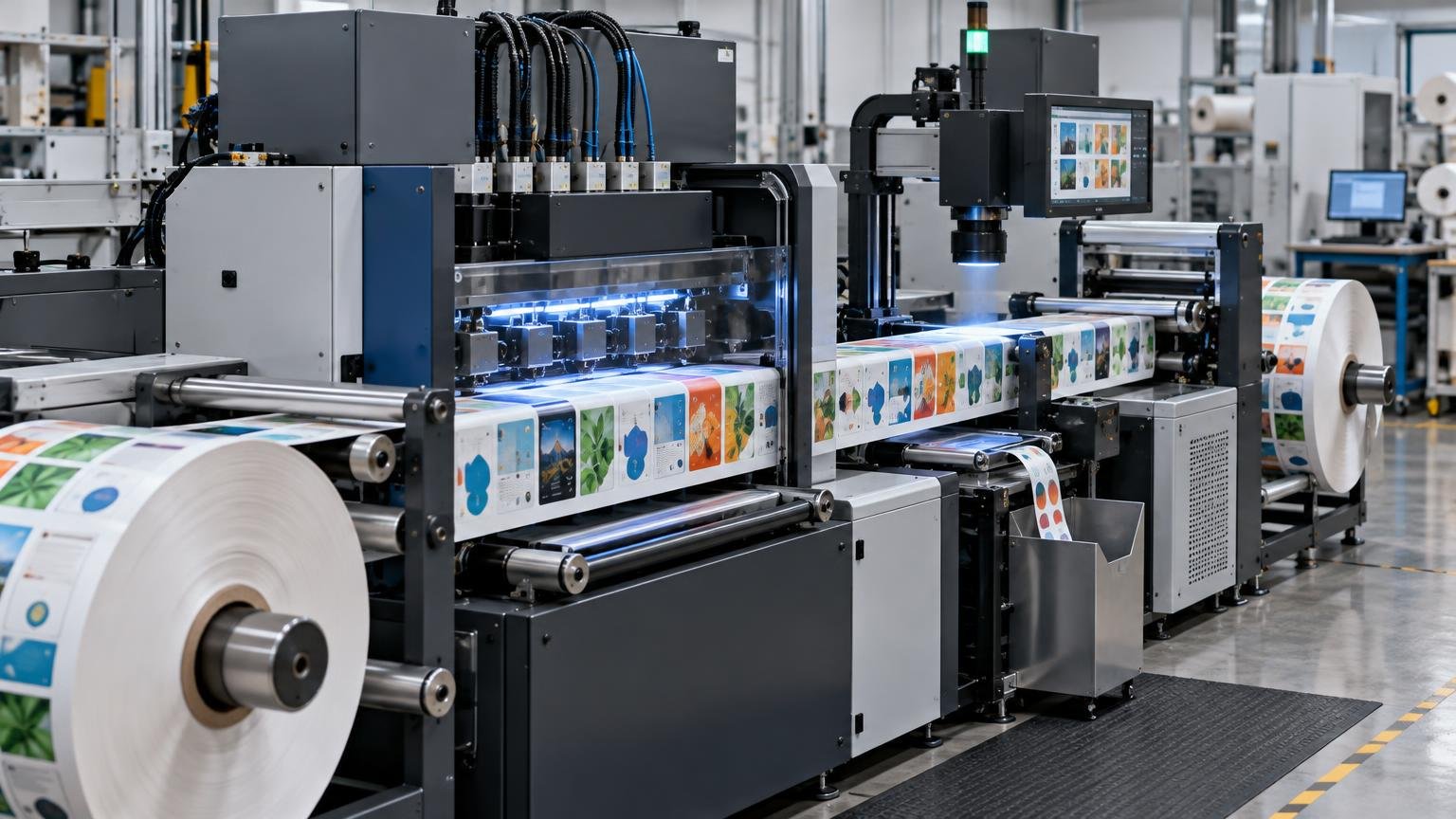 Industrial roll-fed inkjet press printing a continuous web of colorful bordered label or card-like designs, with printhead modules, inspection camera, rollers, and large stock rolls in a clean production facility.