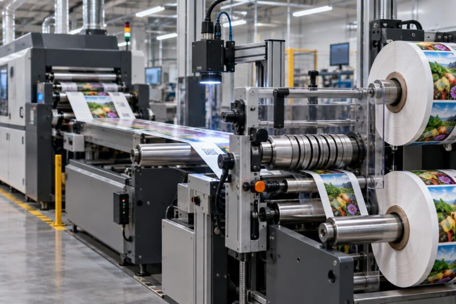 Industrial roll-fed printing and finishing line with a camera inspection head, metal rollers and slitting shafts, and large rewound label rolls carrying colorful image panels and square machine-readable codes.