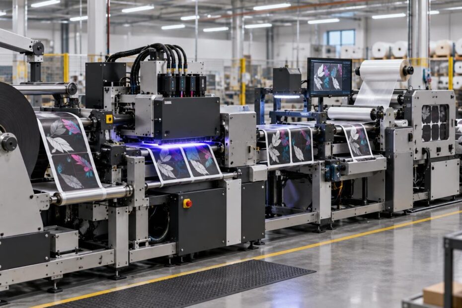 Wide view of a roll-fed industrial inkjet printing and finishing line in a clean pressroom, feeding black label material with colorful leaf graphics between large unwind and rewind rolls under a blue-lit print or curing section.