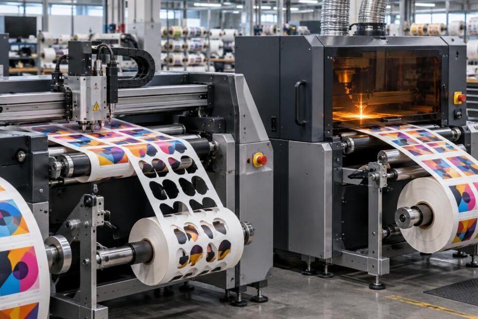 Wide view of a commercial label-finishing line in a clean factory, with printed colorful label webs moving through a blade-cutting station on the left and an enclosed glowing laser-cutting station on the right, alongside rollers and large rewind rolls.