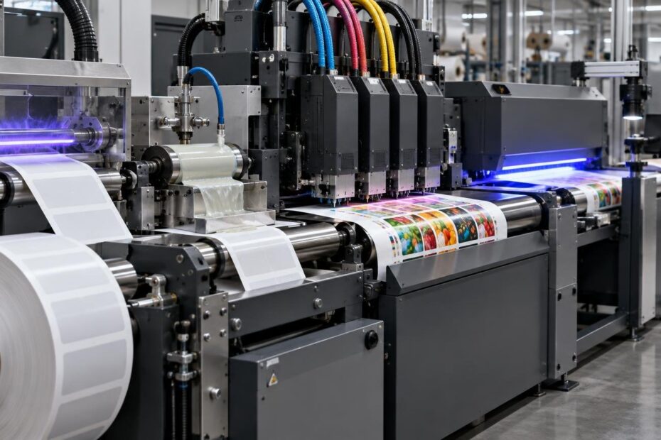 Industrial roll-fed inkjet label press with large white substrate rolls, multiple black printhead modules fed by colored hoses, a violet-lit treatment or curing chamber, and a printed label web traveling through rollers.