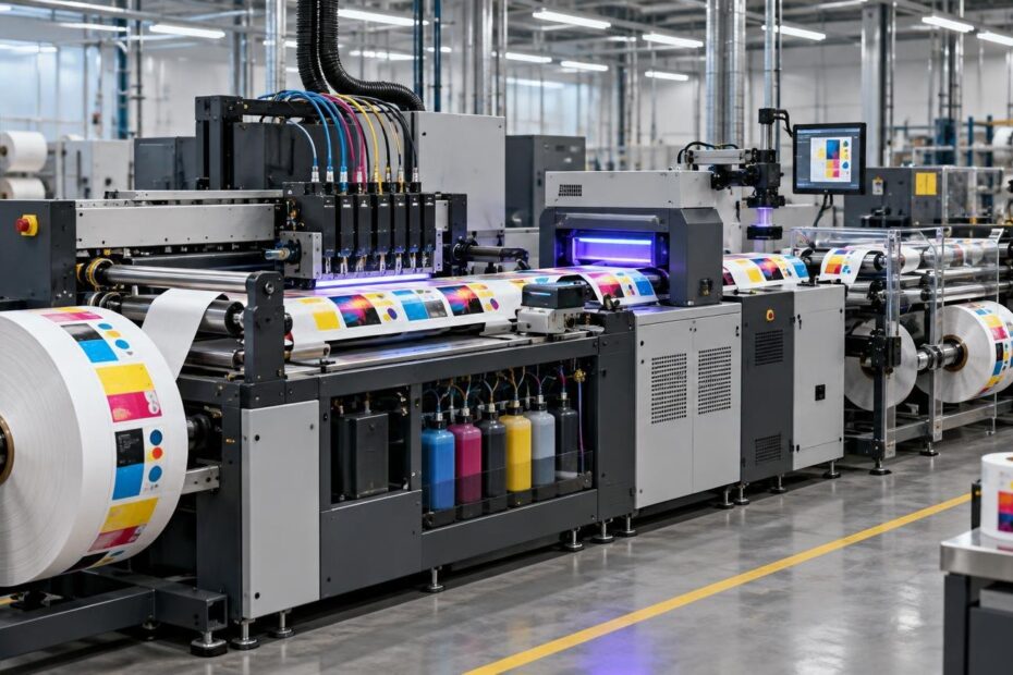 Industrial roll-fed inkjet press printing colorful label-stock webs, with visible ink lines, curing light, inspection monitor, large substrate rolls, and rewinder equipment in a clean factory.