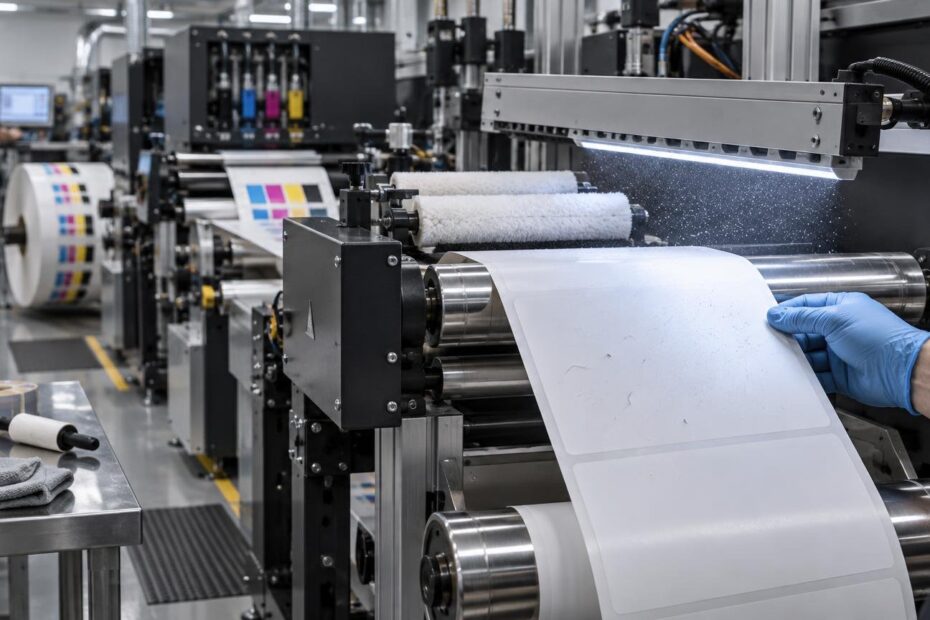 Gloved worker holds a white label web with visible fibers and specks beside rollers on a production printing and finishing line.