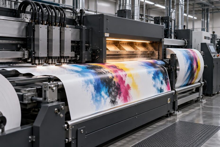 Wide industrial inkjet press feeding a colorful printed paper web beneath a heated drying unit and onto a large rewind roll.